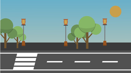 Flat Urban Street Scene with Trees and Lamp Posts – Vector Illustration