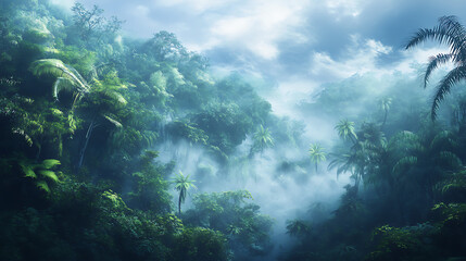 Fototapeta premium Wisps of morning fog enveloping the lush rainforests of the West Coast, captured midjourney