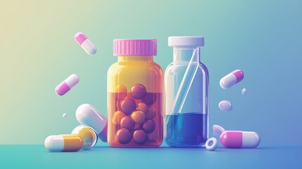 Colorful pharmaceutical composition featuring pill bottles and capsules in motion