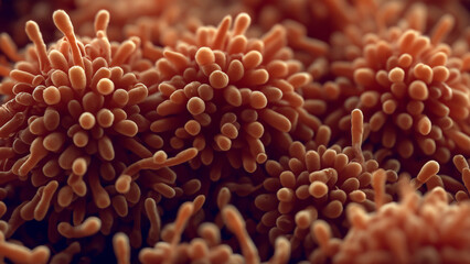 Close-up view of microscopic, clustered, organic structures, resembling fungal or plant cells.  Detailed cellular formations