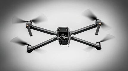 Sleek black quadcopter drone flying with spinning propellers against a light gray gradient background