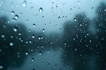 Raindrops create an abstract blue pattern of wet, transparent bubbles on the clear glass window