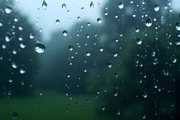 Raindrops create an abstract blue pattern of wet, transparent bubbles on the clear glass window