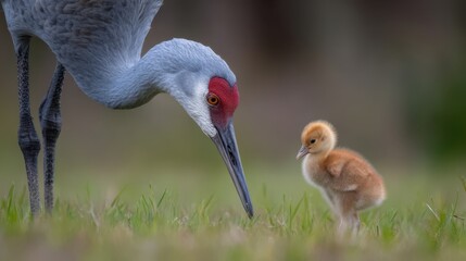Fototapeta premium Adorable sandhill crane chick looking up at parent bird in natural habitat
