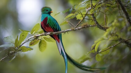 Magnificent resplendent quetzal bird perched elegantly on a branch amidst greenery
