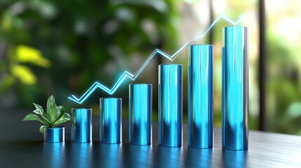 A 3D bar chart with rising blue columns, representing financial growth, business success, and economic trends.