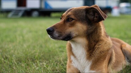Fototapeta premium Portrait of a relaxed dog resting on green grass with a thoughtful expression outdoors