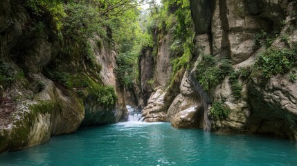 Fototapeta premium Turquoise water flowing through rocky canyon surrounded by green vegetation and waterfalls