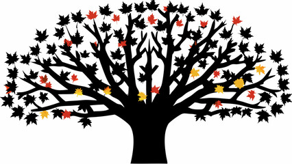 Fototapeta premium Silhouette of a tree with black branches and leaves, some leaves are red and yellow, against white background editable vector eps/eps