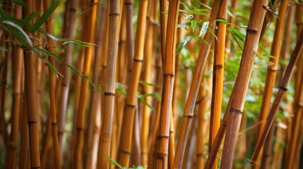 Obraz premium Close-up view of bamboo stalks creating a natural background in warm golden tones.
