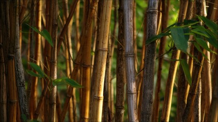 Close up view of bamboo stalks with green leaves and a soft natural light