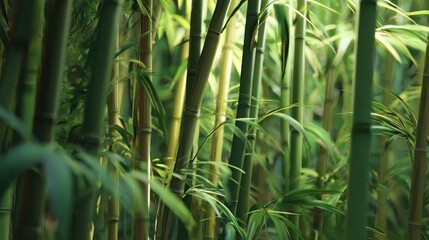 Lush green bamboo forest with light filtering through the branches creating a calm atmosphere