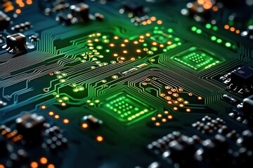 Close-up view of a detailed circuit board with glowing green and orange lights highlighting pathways and electronic components
