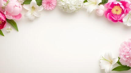 A beautiful flower border featuring peonies, lilies, and hydrangeas, adding an elegant touch to a wedding stationery design.
