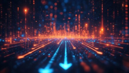 Futuristic digital cityscape with glowing vertical orange and blue light streams resembling data flow and arrows on a dark grid background emitting vibrant neon energy