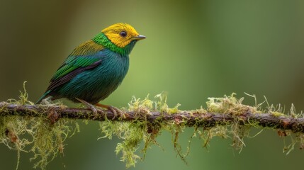 Vibrant male andean cock-of-the-rock perched gracefully on a mossy branch in nature
