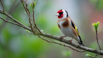 Goldfinch perched gracefully on a branch with lush green foliage in a natural setting