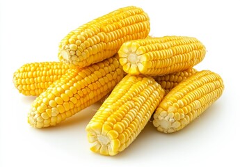 Freshly Harvested Yellow Corn Cobs Stacked on White Background