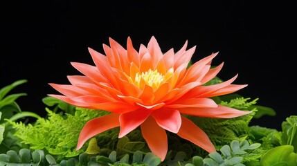 A beautifully arranged dragon flower in full bloom, surrounded by lush greenery, emphasizing its exotic, fiery appearance.