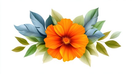 A bold flower icon with a bright orange marigold in the center, surrounded by green leaves, creating a lively and energetic design.