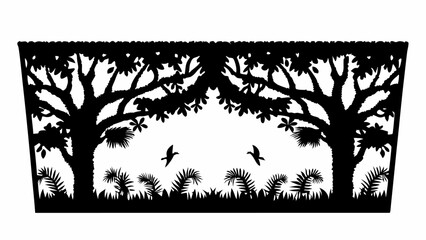Silhouette of trees with ferns and flying birds creating a symmetrical nature scene for decoration use editable vector eps/eps