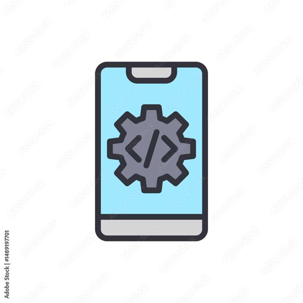 Poster smartphone interface displaying software code with gear symbol