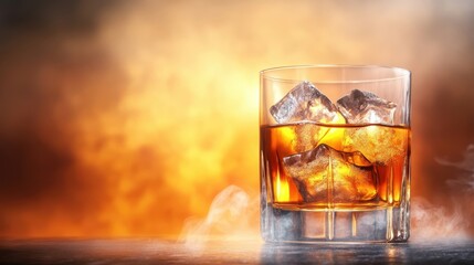 A classic whiskey glass with a dark amber drink and ice cubes, set against a smoky background with warm lighting