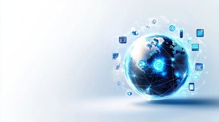 A clean technology banner with a digital globe, interconnected lines, and icons of modern tech devices, highlighting global connectivity.