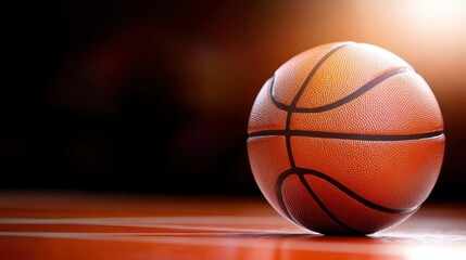 A close-up of a basketball resting on the court, with the textured surface catching the light and showing off its grip patterns in focus.