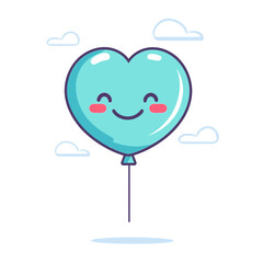Cartoon Character of Smiling Blue Heart Balloon Floating in Soft Sky with White Clouds Minimalist Style