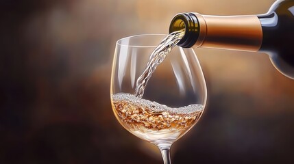 A close-up of a pour of white wine from a bottle into a delicate wine glass, with the liquid catching the light.