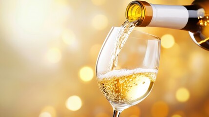 A close-up of a pour of white wine from a bottle into a delicate wine glass, with the liquid catching the light.