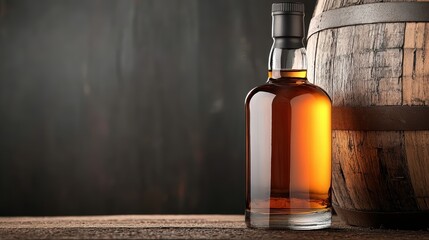 A close-up of a whiskey bottle with a minimalistic design, sitting next to an aged oak barrel, highlighting the vintage appeal