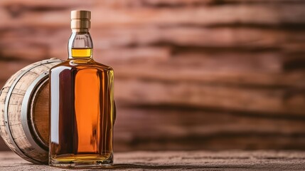 A close-up of a whiskey bottle with a minimalistic design, sitting next to an aged oak barrel, highlighting the vintage appeal