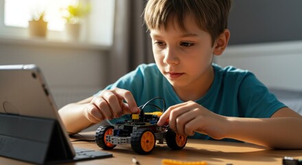 Boy building a robot car.  Focused child learning and playing with technology