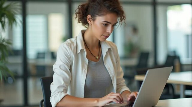 A young businesswoman is focused on typing on a laptop at a coworking space, embodying a corporate lifestyle. The bright, contemporary office enhances her professional atmosphere.
