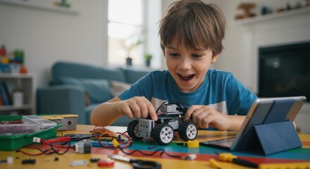 Boy engrossed in building a robot toy