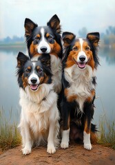 Three happy border collie dogs sitting together on a grassy riverbank with calm water and misty background