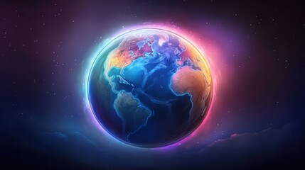 Obraz premium A globe-style Earth drawing with an artistic approach, featuring continents in vibrant colors and a glowing atmosphere.