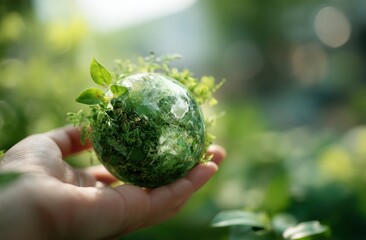 Hand holding green globe with plants