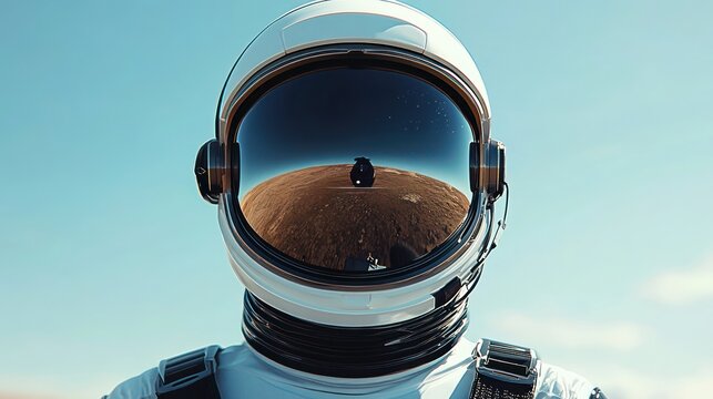 Close-up of an astronaut helmet reflecting a barren rocky landscape under a clear blue sky, evoking a sense of exploration and solitude
