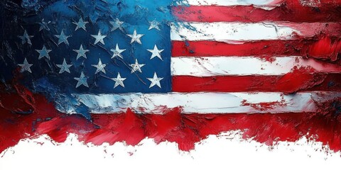 Abstract textured painting of a partially tattered American flag with vivid red, white, and blue colors and rough brush strokes
