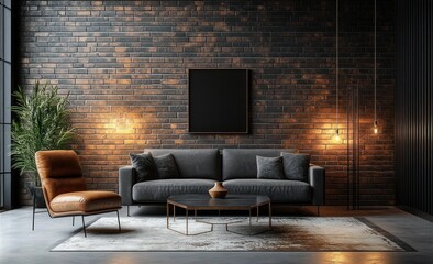 Modern living room with dark gray sofa, brown leather armchair, brick wall backdrop, hanging lights, and decorative plant creating cozy ambiance