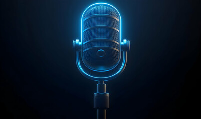 A vintage microphone, glowing with a bright blue neon light, isolated against a stark black background