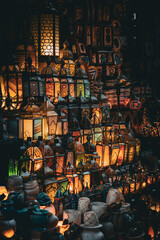 A display of ornate lanterns at the Khan Al-Khalili Bazaar