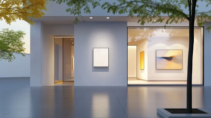 A minimalist storefront of a modern art gallery, with clean lines, an open entrance, and a large window showcasing contemporary art pieces.