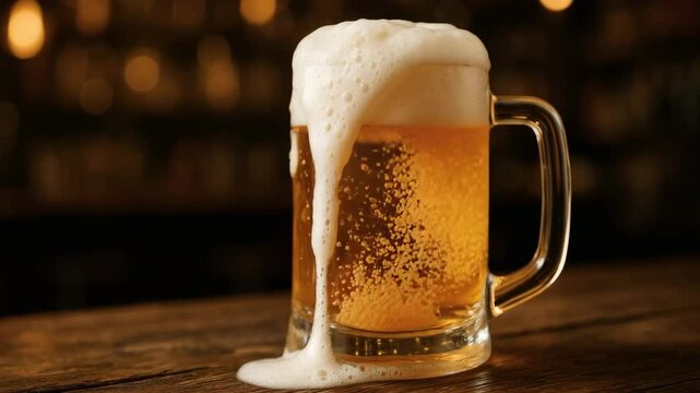 Beer mug with foam overflowing on a wooden table drink beverage refreshment cold beer golden beer lager beer 4k uhd video