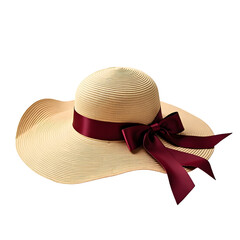 Elegant sun hat with wide brim and burgundy ribbon detail against a solid backdrop for high fashion