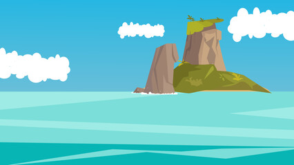 Tropical Island with Rocky Cliffs and Blue Ocean – Flat Vector Illustration