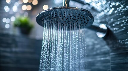 Close-up of modern showerhead with water flowing down in a tiled bathroom setting with blurred background lighting